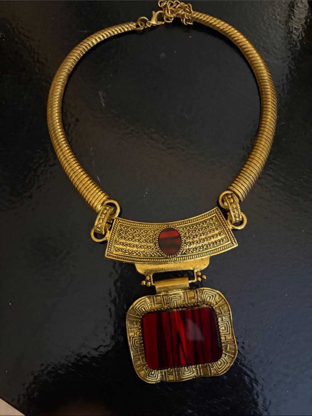 Gold-Tone Statement Necklace with Deep Red Accent - Women's Jewelry - Picture 2 of 2